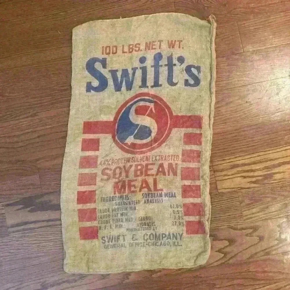 ANTIQUE SWIFT'S SOYBEAN MEAL CHICAGO IL 100 LBS LARGE BURLAP FEED SACK FARMHOUSE - Picture 4 of 9